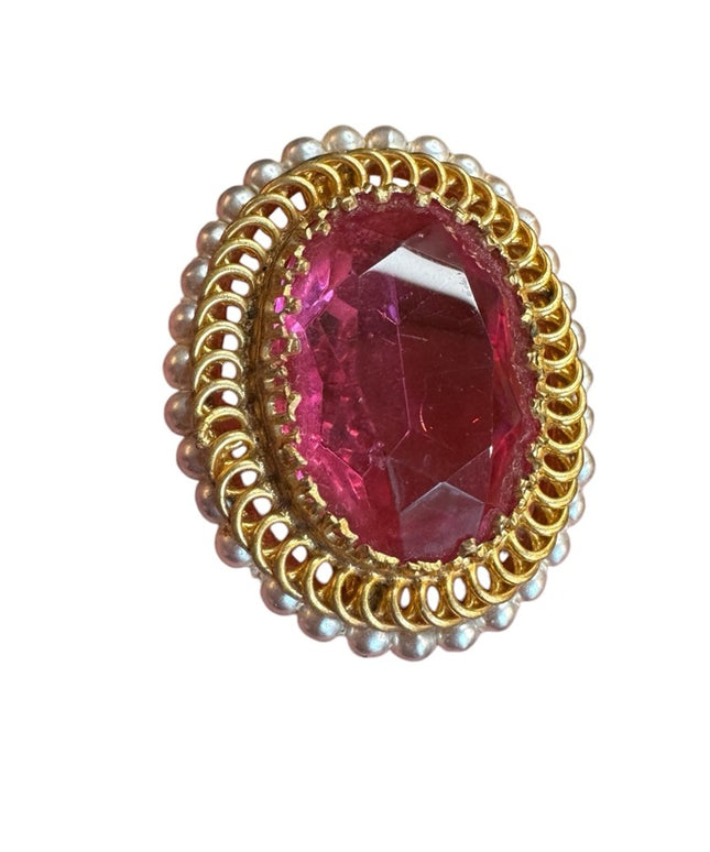 Elegant Vintage Pink crystal  & pearl Gold finish Statement brooch