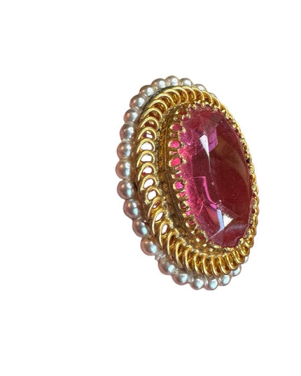 Elegant Vintage Pink crystal  & pearl Gold finish Statement brooch