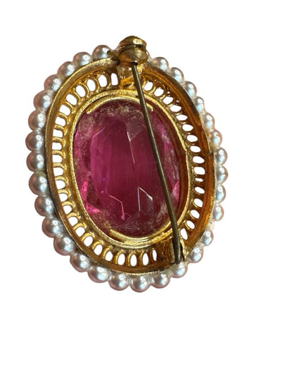 Elegant Vintage Pink crystal  & pearl Gold finish Statement brooch