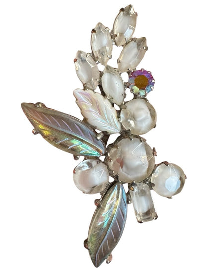 Elegant Vintage Crystal & milk glass AB  sparkly Leaf Brooch