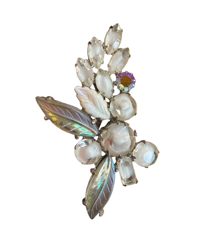 Elegant Vintage Crystal & milk glass AB  sparkly Leaf Brooch
