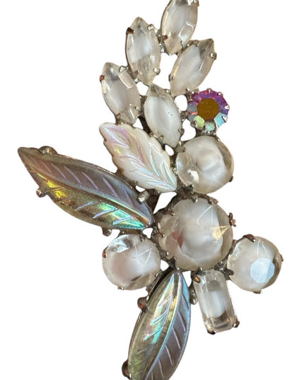 Elegant Vintage Crystal & milk glass AB  sparkly Leaf Brooch