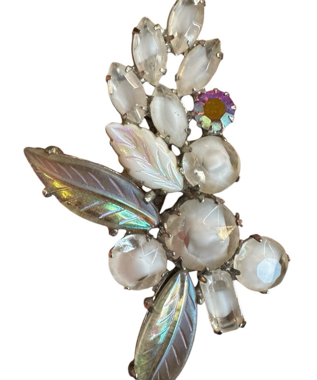 Elegant Vintage Crystal & milk glass AB  sparkly Leaf Brooch