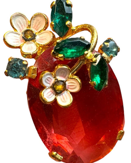 Vintage CZECH glass flower small brooch gold finish Elegant Floral pink crystal