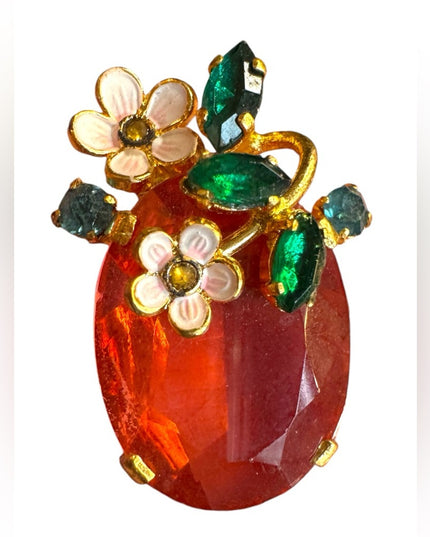 Vintage CZECH glass flower small brooch gold finish Elegant Floral pink crystal