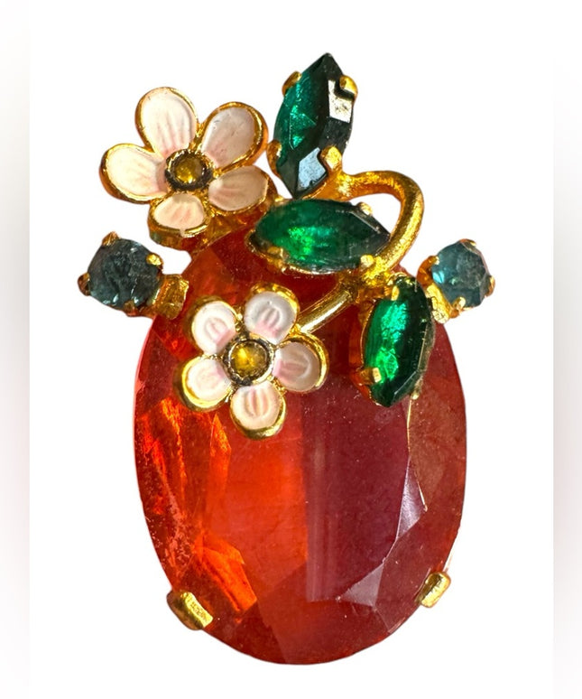 Vintage CZECH glass flower small brooch gold finish Elegant Floral pink crystal