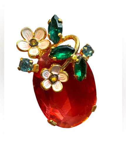 Vintage CZECH glass flower small brooch gold finish Elegant Floral pink crystal