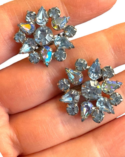 Elegant Vintage 1950s WEISS baby  Blue silver plate floral Crystal Earrings