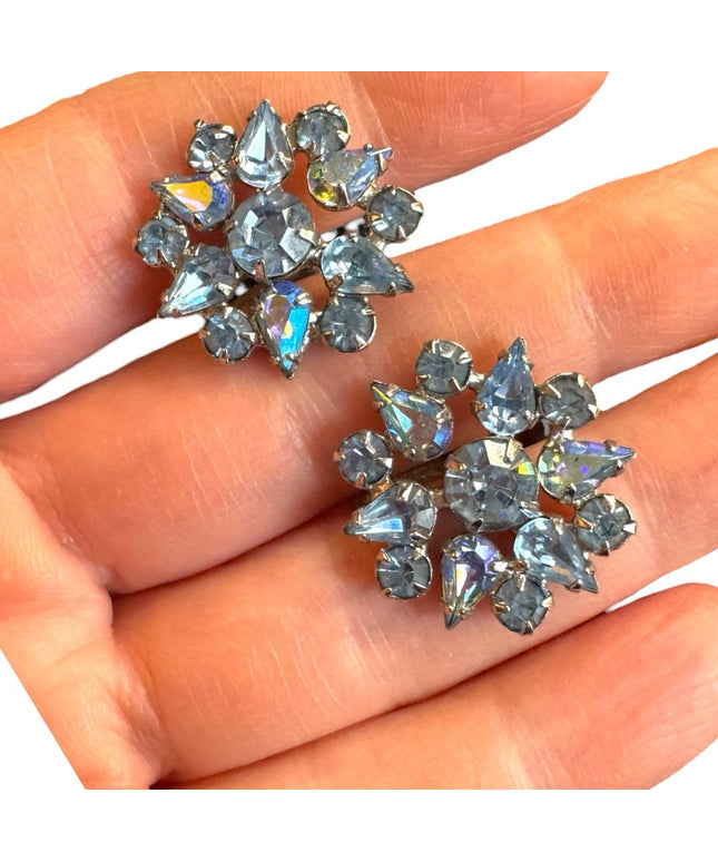 Elegant Vintage 1950s WEISS baby  Blue silver plate floral Crystal Earrings