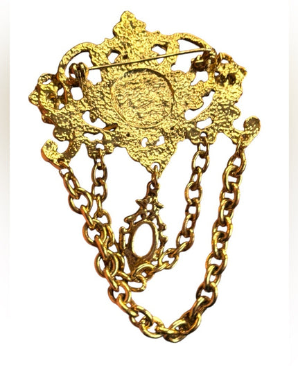 Elegant Vintage Gold Finish Cameo Majestic multi crystal thinestone Brooch