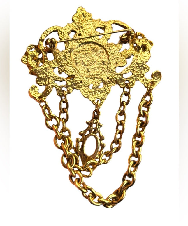 Elegant Vintage Gold Finish Cameo Majestic multi crystal thinestone Brooch