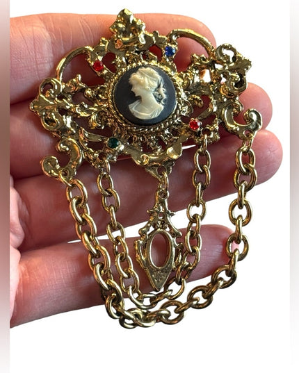 Elegant Vintage Gold Finish Cameo Majestic multi crystal thinestone Brooch