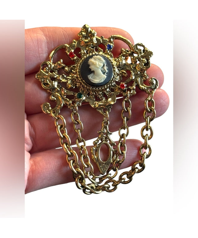 Elegant Vintage Gold Finish Cameo Majestic multi crystal thinestone Brooch