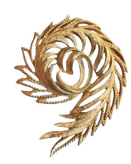 Vintage MONET Large feather textured brushed gold plt finish Swirl Brooch