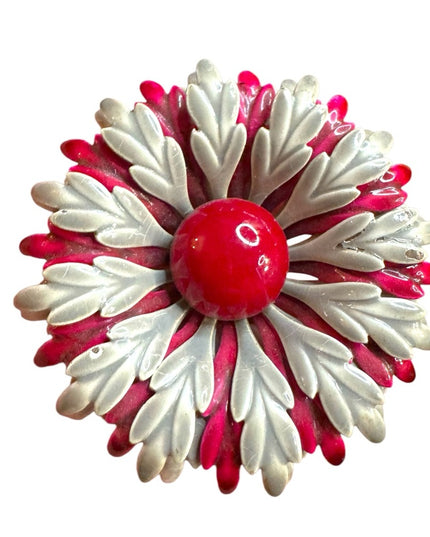 Vintage 1960s silver & burgundy Red metal Floral Brooch