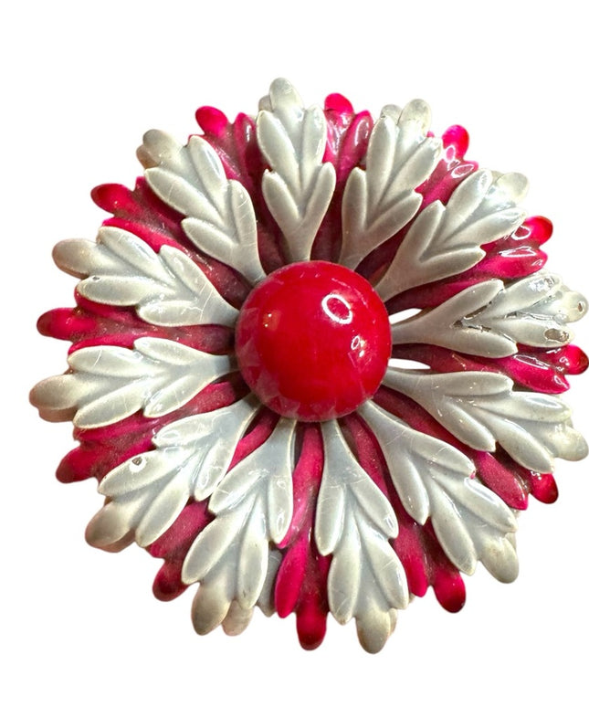 Vintage 1960s silver & burgundy Red metal Floral Brooch
