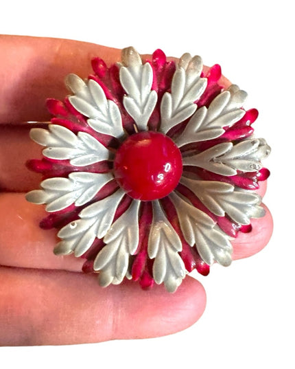 Vintage 1960s silver & burgundy Red metal Floral Brooch
