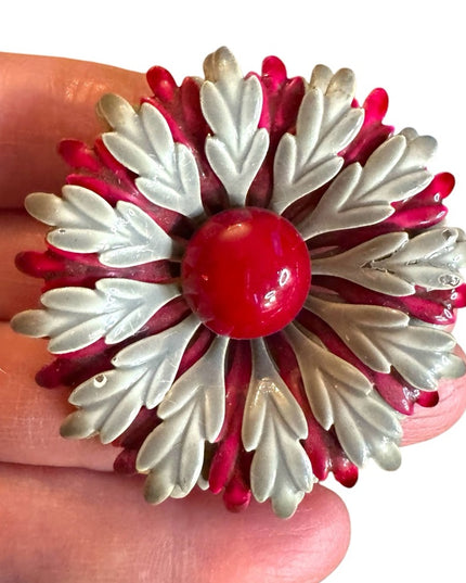 Vintage 1960s silver & burgundy Red metal Floral Brooch