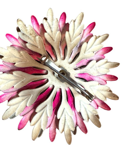 Vintage 1960s silver & burgundy Red metal Floral Brooch