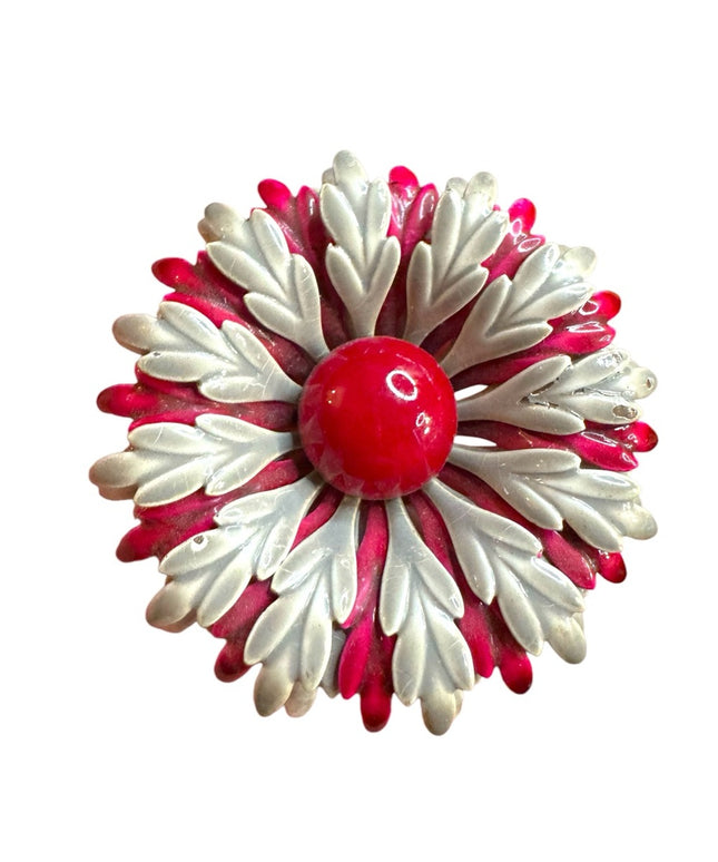 Vintage 1960s silver & burgundy Red metal Floral Brooch