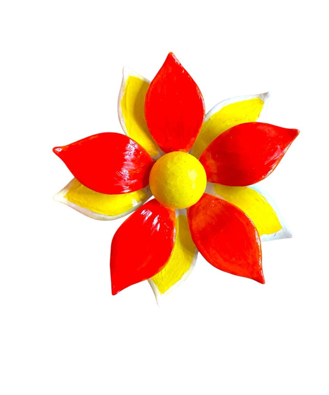Vintage Vibrant Orange and Yellow metal Flower hand painted brooch