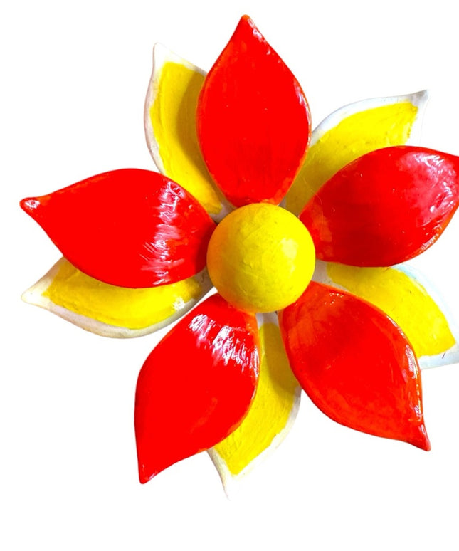 Vintage Vibrant Orange and Yellow metal Flower hand painted brooch