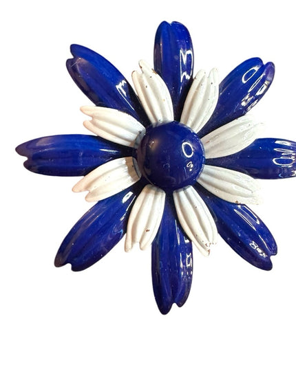 Vintage 1960s enameled Blue and White metal Flower Brooch