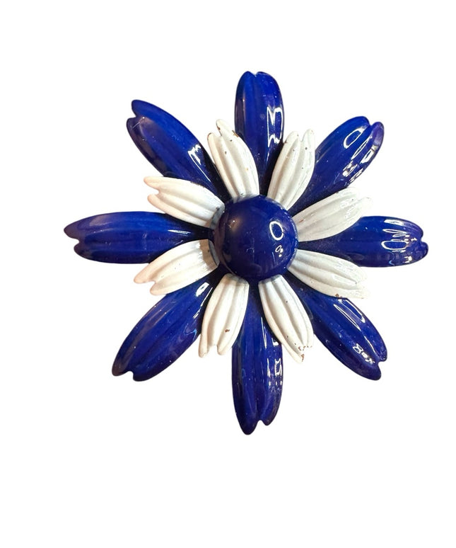 Vintage 1960s enameled Blue and White metal Flower Brooch