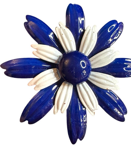 Vintage 1960s enameled Blue and White metal Flower Brooch