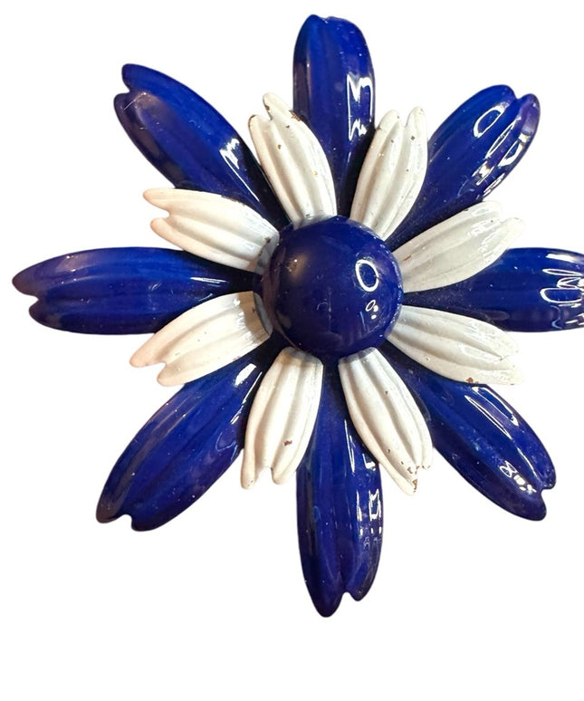 Vintage 1960s enameled Blue and White metal Flower Brooch