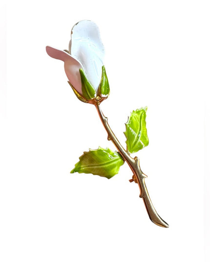 Elegant Vintage 1960s metal enameled White Rose Brooch