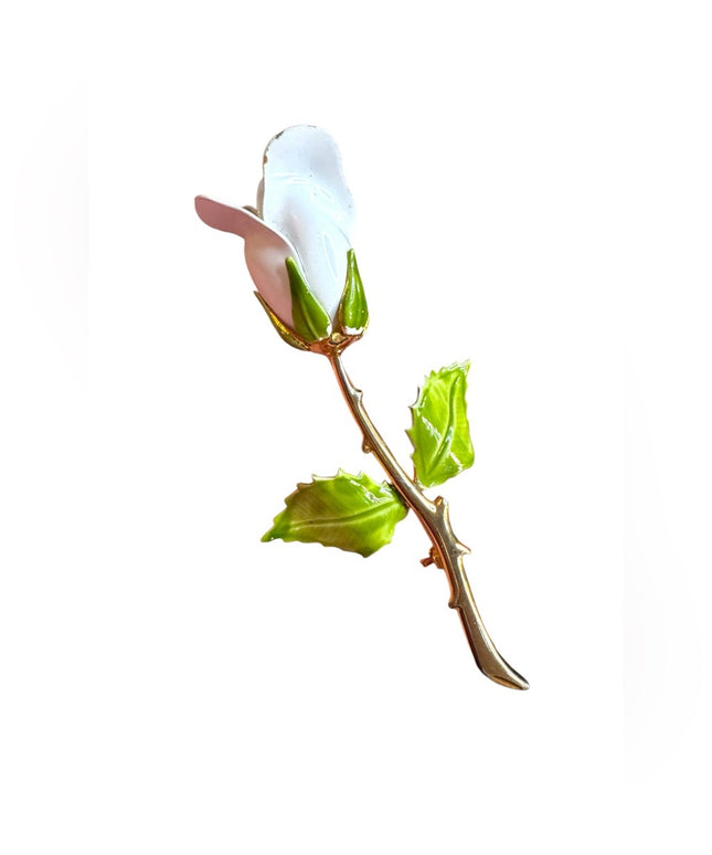 Elegant Vintage 1960s metal enameled White Rose Brooch