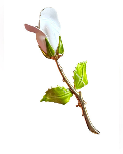 Elegant Vintage 1960s metal enameled White Rose Brooch