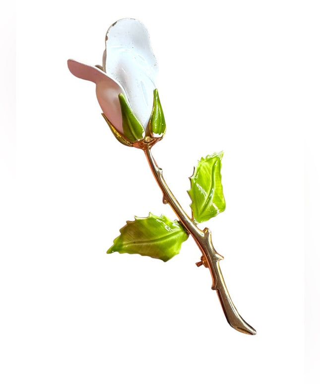 Elegant Vintage 1960s metal enameled White Rose Brooch