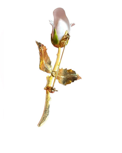 Elegant Vintage 1960s metal enameled White Rose Brooch