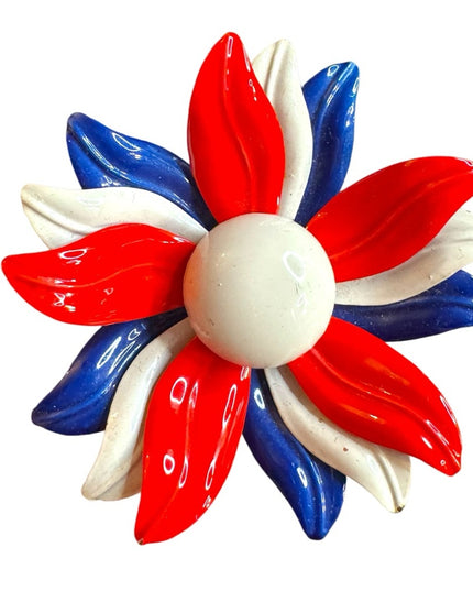 Vintage 1960s Red White Blue enameled metal Flower Brooch