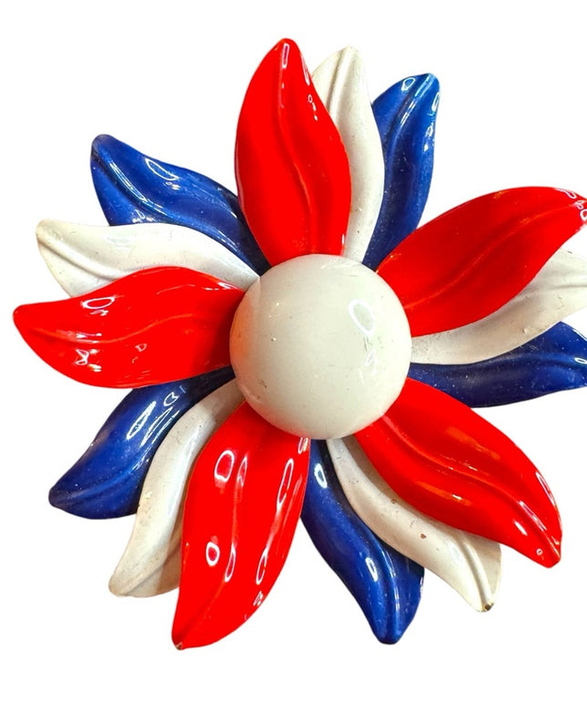 Vintage 1960s Red White Blue enameled metal Flower Brooch
