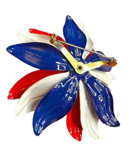 Vintage 1960s Red White Blue enameled metal Flower Brooch