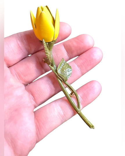Yellow Vintage metal flower 1960s  Rose Brooch