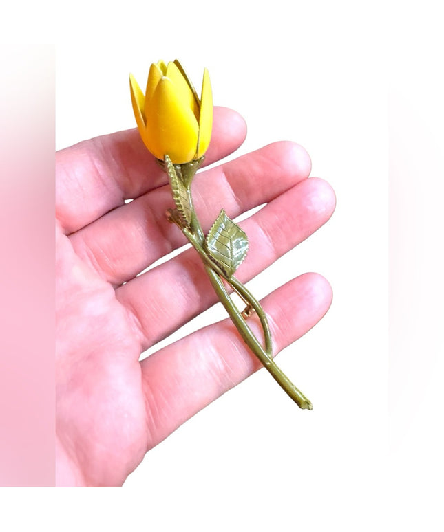 Yellow Vintage metal flower 1960s  Rose Brooch