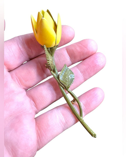 Yellow Vintage metal flower 1960s  Rose Brooch