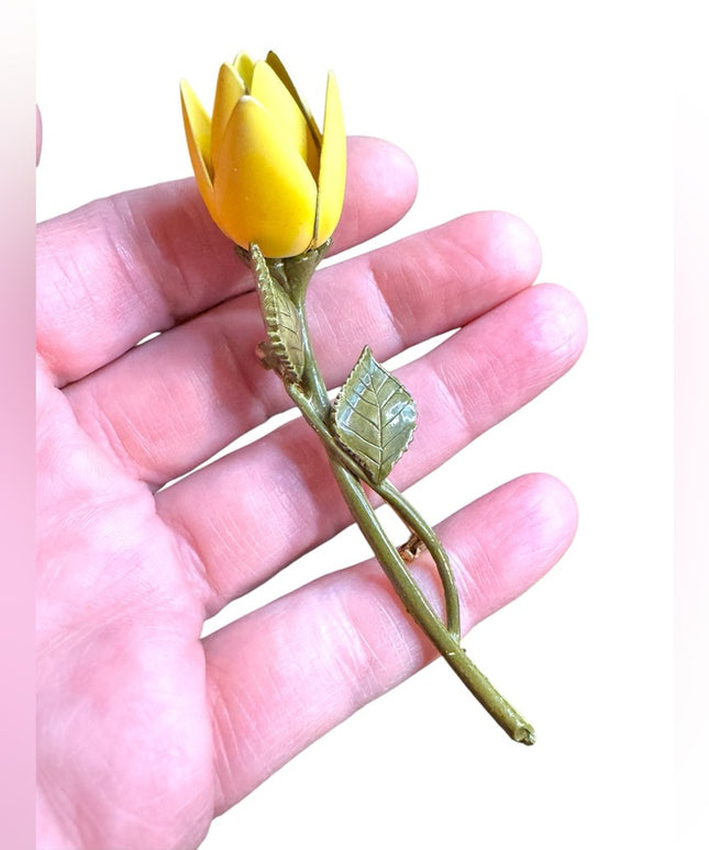 Yellow Vintage metal flower 1960s  Rose Brooch