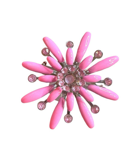 Pink vintage enameled silver finish Floral flower metal Brooch