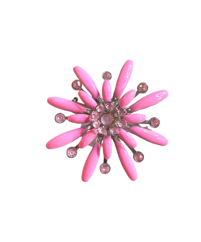 Pink vintage enameled silver finish Floral flower metal Brooch