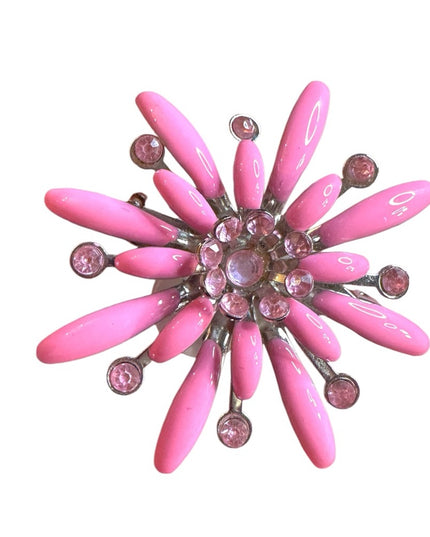 Pink vintage enameled silver finish Floral flower metal Brooch