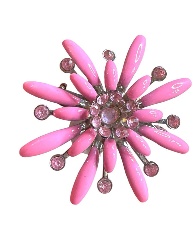 Pink vintage enameled silver finish Floral flower metal Brooch
