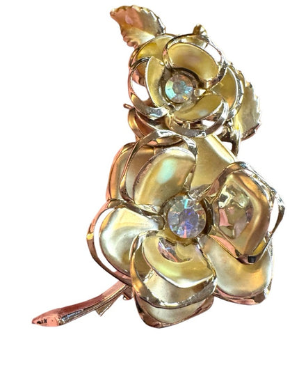 Gold finish vintage Floral flower Brooch with Crystal Accents