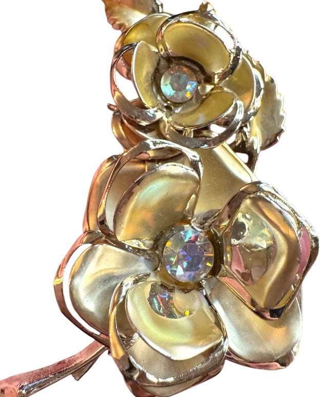 Gold finish vintage Floral flower Brooch with Crystal Accents