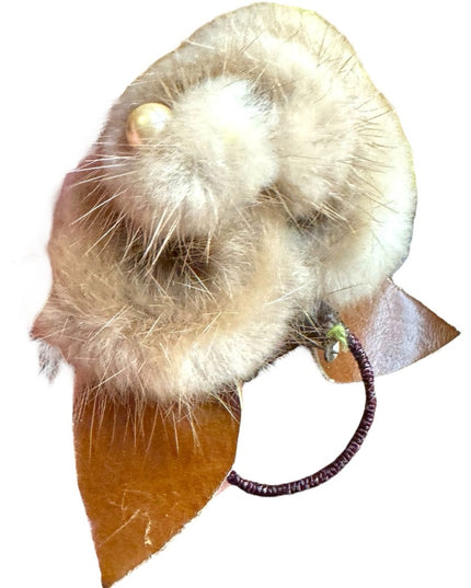 Elegant vintage FUR & leather Beige FUR flower brooch