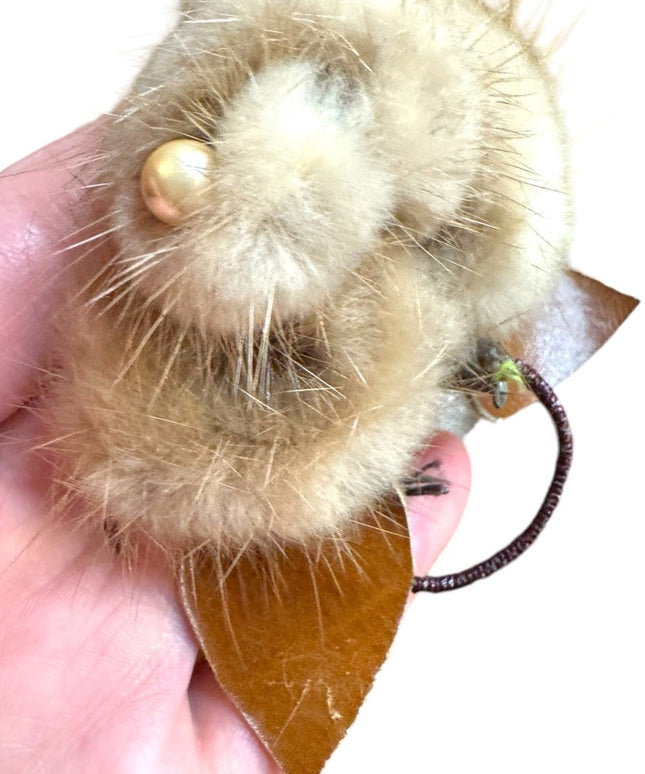 Elegant vintage FUR & leather Beige FUR flower brooch
